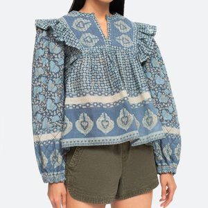 Sea New York Blue and Cream Printed Ruffle-Yoke Blouse
